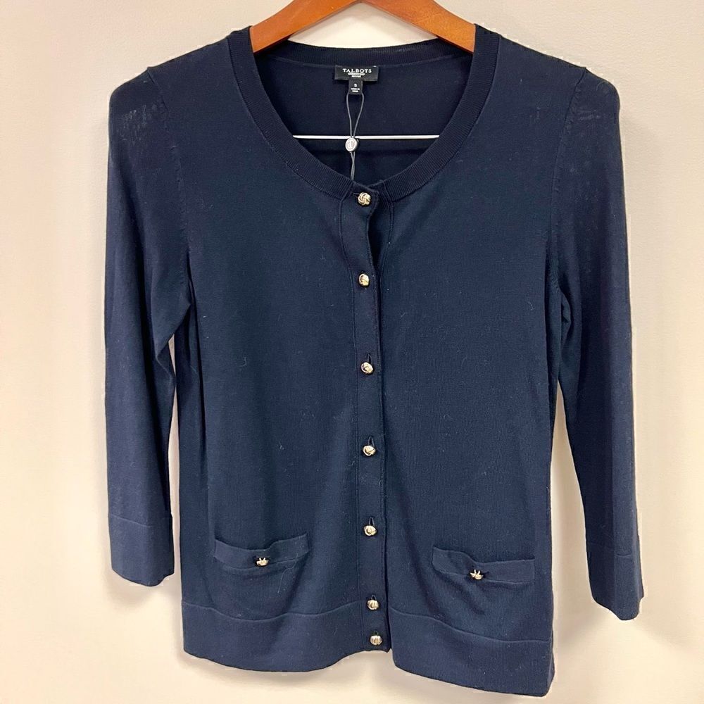 Talbots black cardigan with gold braided buttons S/P